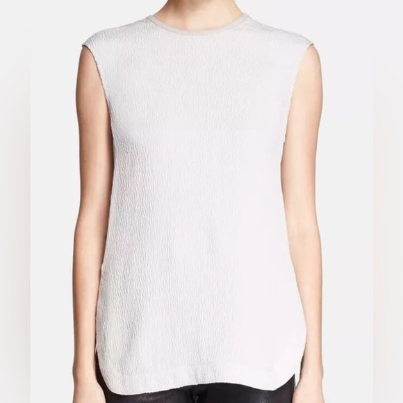 HELMUT LANG | Tissue Silk & Leather Trim Bateau Neckline Tunic Blouse (S) - Picture 1 of 3